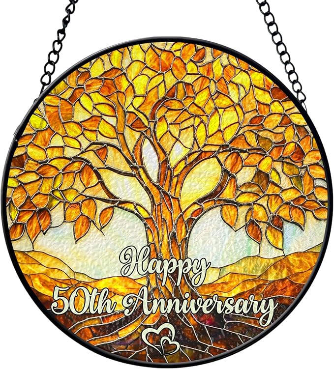 50th Wedding Anniversary Faux Stained Glass Suncatcher, 50 Years of Maried Anniversary Ornament, Golden Anniversary Window Hanging, Tree of Life Keepsake Suncatcher
