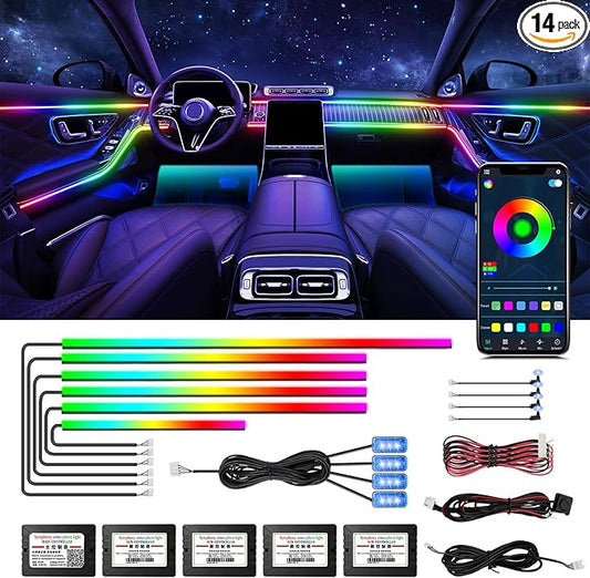 Dreamcolor Acrylic Interior Car LED Strip Light with Wireless APP Control, RGB 14-in-1 Ambient Lighting Kit with Music Sync, Dynamic Color Chasing Neon Light Kits for Car Interior