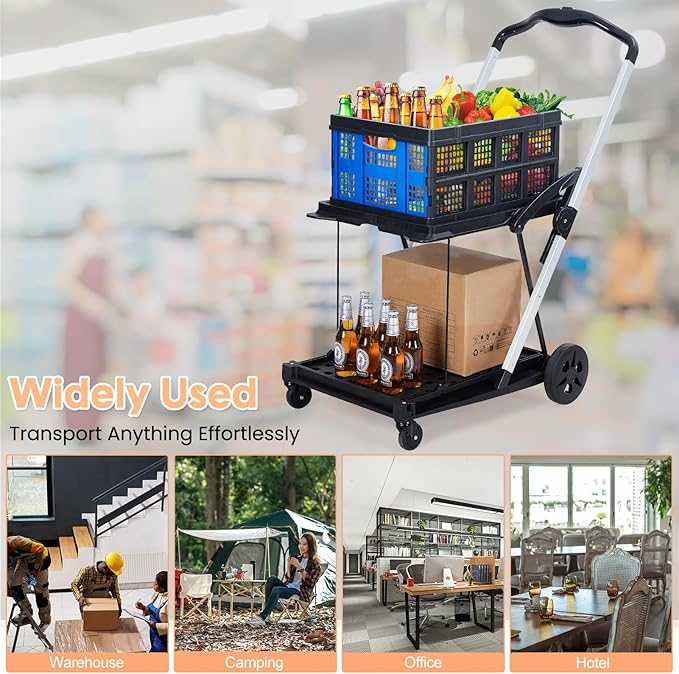 2 Tier Folding Shopping Carts for Groceries, 198 LB Capacity, Collapsible Portable Grocery Cart with Wheels & Removable Crate, Lightweight Foldable Shopping Trolley for Mall Market, Blue