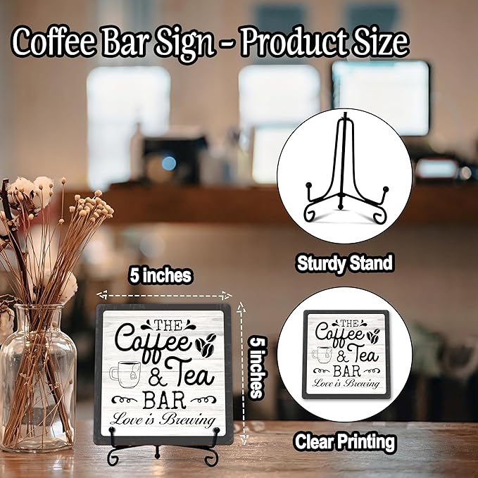 Coffee Bar Sign, Love is Brewing Farmhouse Tabletop Decor, Coffee and Tea Lover Gifts, 5x5 Wood Plaque with Iron Stand for Home Kitchen Cafe, Coffee Bar Decor – L08