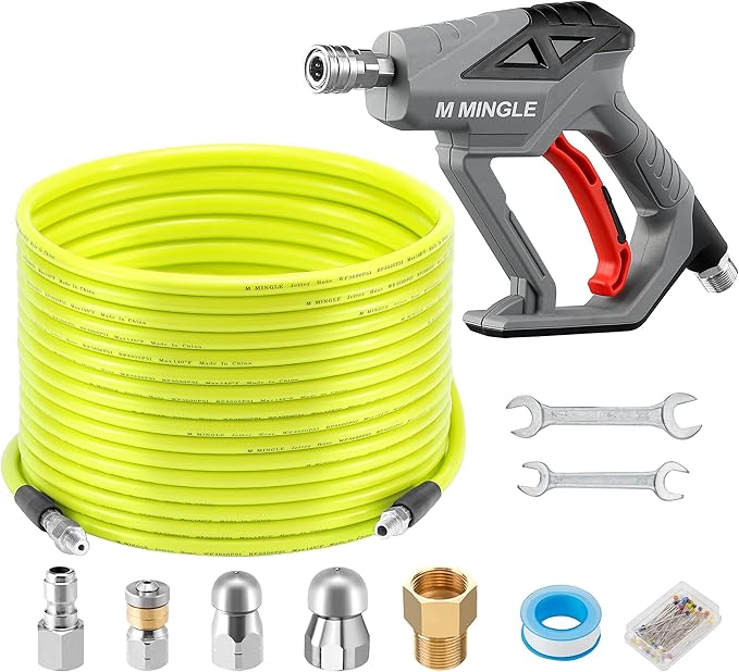 M MINGLE Sewer Jetter Kit for Pressure Washer 100 FT, Drain Cleaner Hose with Power Washer Gun, 1/4 Inch NPT Corner Rotating and Button Nose Sewer Jetting Nozzle, Orifice 4.0, 4.5