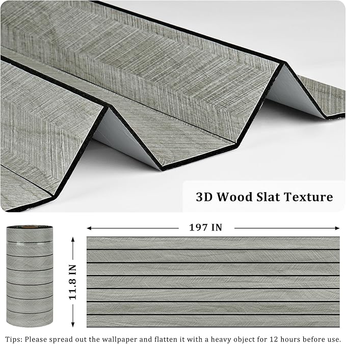 Grey Wood Wall Panels Textured Wood Slats 3D Soundproof Wall Panels Peel and Stick Shiplap 11.8"x197" Wooden Panel Walls Decor Self Adhesive Wooden Panel Wallpaper for Studio Homes Ceiling
