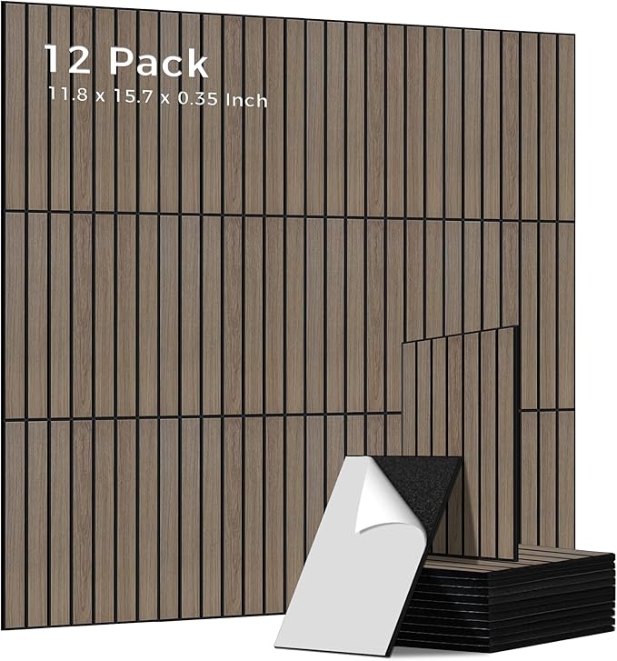 12 Pack PVC Wood Grain Acoustic Wall Panels, 11.8 x 15.7 x 0.35 Inch Wall Panels Peel and Stick 100% Polyester Fiber Acoustic Wood Panels for Home, Office, Studio, Theater,Walnut