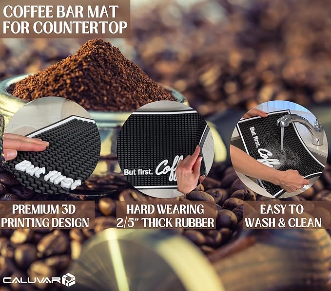 But First Coffee Silicone Bar Mat for Countertop 18x12 in, Coffee Lover Gift, Housewarming Gift, Non-Slip Espresso Machine Mat, Barista Accessories, Bar Decor