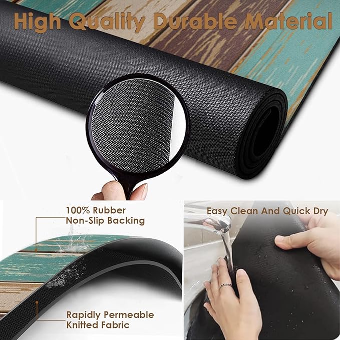Arttown Coffee Mat for Countertops, Farmhouse Teal Brown Wood Dish Drying Mat 2 Pcs for Kitchen Bar Accessories, Fit Under Coffee Maker Espresso Machine Dish Rack Hide Stain Rubber 12x19in