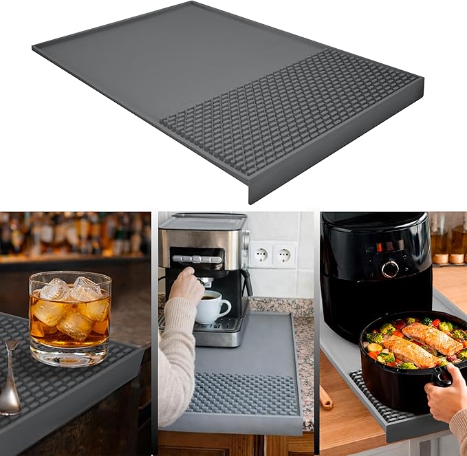Bar & Coffee Mat For Countertop With "Edge Protection" – Espresso Tamping Mat – Bar Mats for Countertop & Silicone Heat Resistant Mat – Non-Slip & BPA-Free Food Grade – 16"(Front) x 24"(Length), Gray