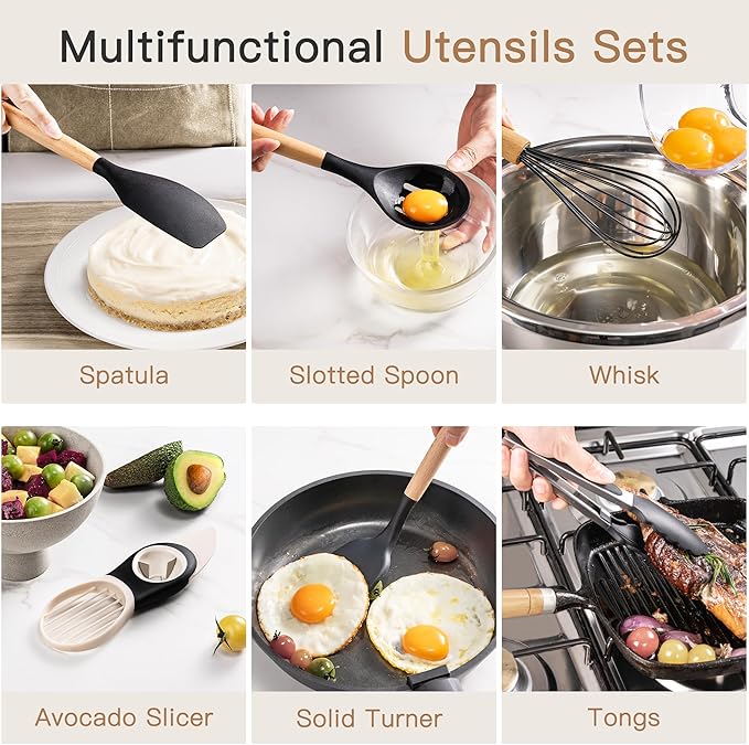 Astercook 39 PCS Kitchen Utensils Set, Silicone Cooking Utensil Sets with Wooden Handle, 446°F Heat Resistant Food Grade Spatula Set, BPA Free Kitchen Gadgets Tools Set for Mothers Day Gifts