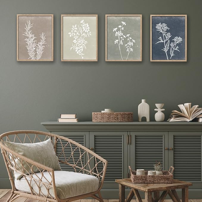 Liswit Framed Boho Wall Art Set of 4 for Wooded Minimalist Botanical Print Wall Art for Rustic Vintage Farmhouse Home Kitchen Wall Decor (Brown, 8"x10")