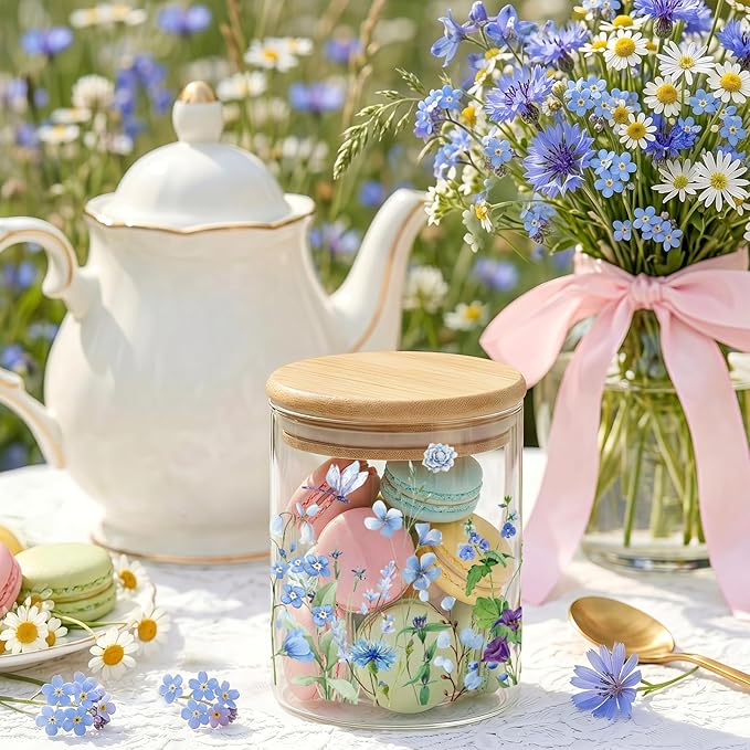 3 Pcs Spring Wildflower Glass Storage Jars with Airtight Lids Wildflower Candy Cookie Jars Gift Spring Canister Set for Kitchen Floral Counter Containers Decor for Sugar Tea