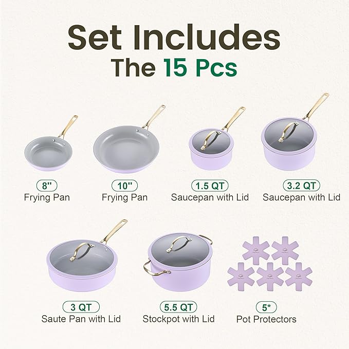 Chef Power Ceramic Cookware Sets, 15Pcs Pots and Pans Set Non Stick, Cookware Set with Stainless Steel Handle, Dishwasher & Oven Safe, Light Purple and Granite Grey