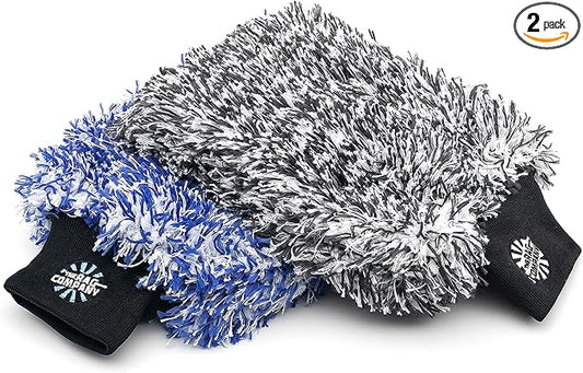 The Rag Company - The Cyclone Ultra Wash Mitts - 70/30 'Gauntlet' Blend Korean Microfiber, Foam Padding, Scratch-Free, Lint-Free, Great for Rinseless Washing, 8in x 9in, Blue + Black (2-Pack)