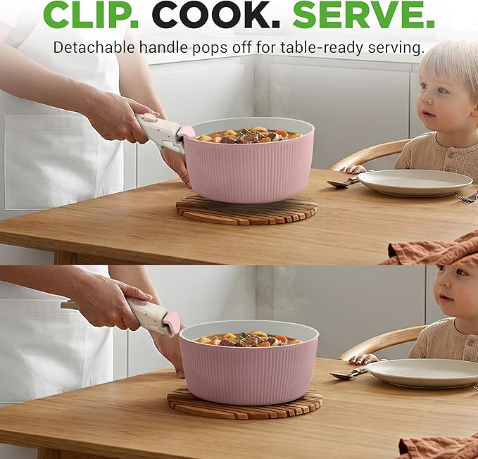 NutriChef 18-Piece Ceramic Cookware Set with Detachable Handles, Non Stick Pots and Pans, PTFE-Free Natural Ceramic Coating, Space-Saving Design, Oven & Stove Safe, Includes Utensils, Pink