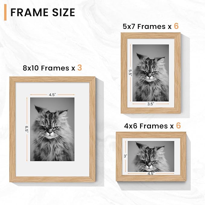 Venusmiles 15 Pack Picture Frames Collage Wall Decor, Gallery Frame Set for Wall Mounting or Tabletop Display, Multi Sizes Including 3pcs 8x10, 6pcs 5x7, 6pcs 4x6, Oak