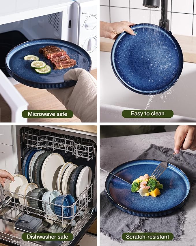 Famiware Star 16-Piece Stoneware Dinnerware Set, Service for 4 - Shallow Pasta Bowls & Flat Plates, Modern Rustic Reactive Glaze Dishes, Chip/Scratch Resistant, Microwave/Dishwasher Safe, Nebulas Blue
