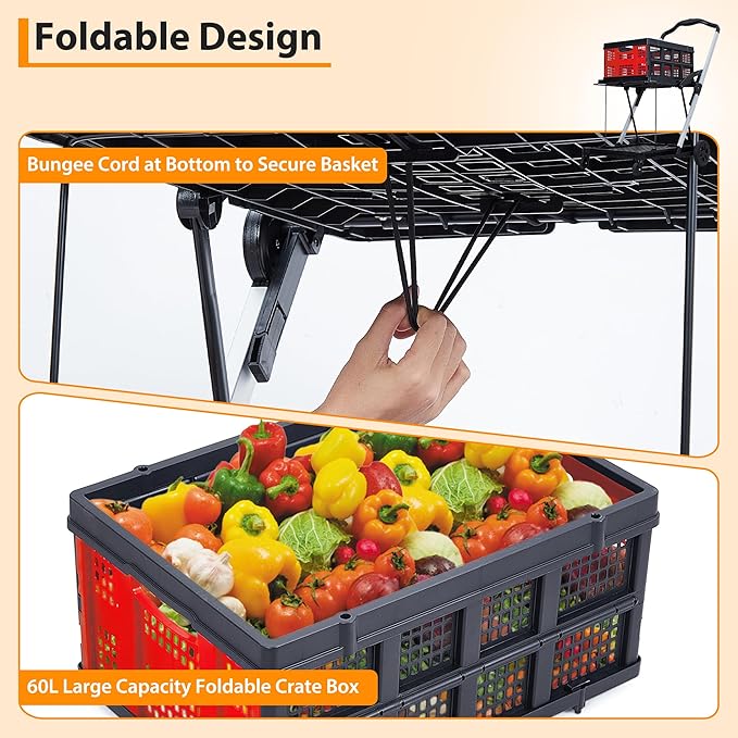 2-Tier Folding Shopping Cart with Wheels, Collapsible Grocery Cart with Removable Crate, Portable Shopping Trolley for Home, Groceries, Garden-Red