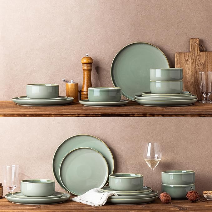 TheTerra Ceramic Dinnerware Sets for 4, 12 Pieces Handmade Reactive Glaze Plates and Bowls Set, Scratch Resistant Dish Set, Oven & Microwave & Dishwasher Safe, Eucalyptus