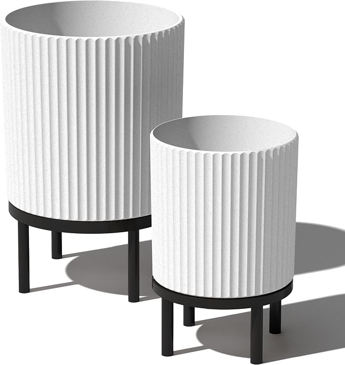 Veradek Demi Series Round Planter w/Stand for Porch/Patio | Durable Plastic-Stone Composite & Wooden Stand | Modern Décor for Tall Plants, Flowers