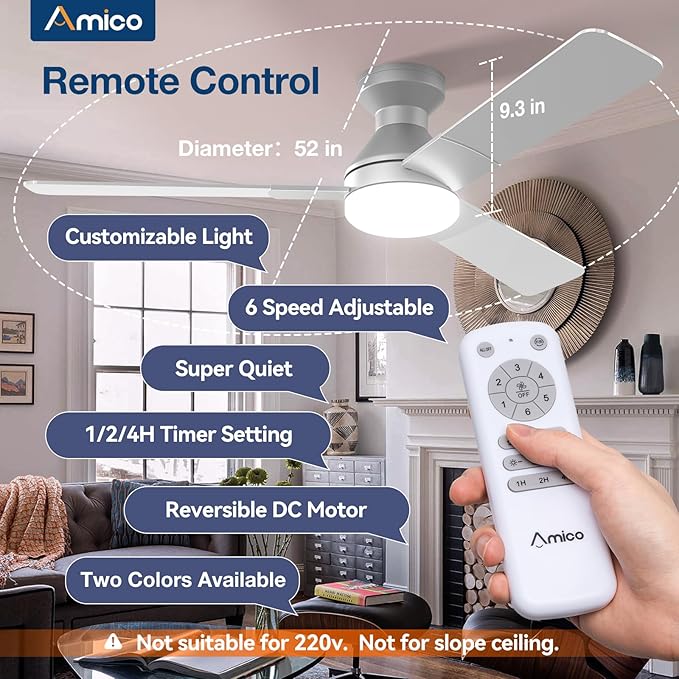 Amico Ceiling Fans with Lights, 52 inch Low Profile Ceiling Fan with Light and Remote Control, Flush Mount, Reversible, 3CCT, Dimmable, Noiseless, Silver Ceiling Fan for Bedroom, Indoor/Outdoor Use