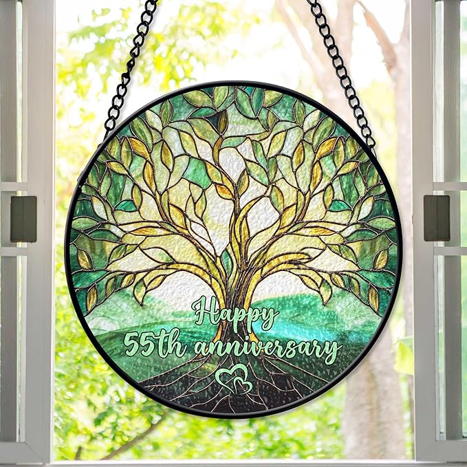 55th Emerald Wedding Anniversary Faux Stained Glass Suncatcher, Wedding Keepsake Ornament, for Parents, 55 Years of Marriage Gift