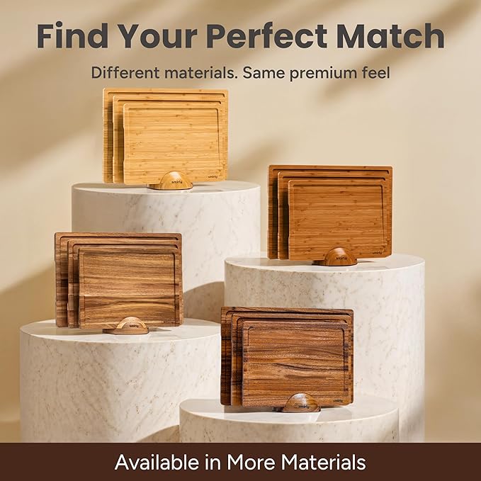 SMIRLY Wood Cutting Boards for Kitchen Wooden Chopping Board Set Reversible with Deep Juice Grooves Grip Handles, Large Charcuterie Tray, New Apartment Essentials, Carbonized Bamboo, 3Pcs with Holder