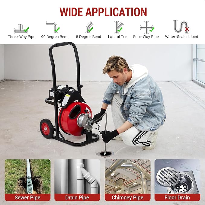 200W Electric Drain Cleaning Machine with 75' x 3/8" Solid Steel Cable, Sewer Snake Auger with 8 Cutters for 1"-4" Pipes, Portable Drain Cleaner for Sink, Toilet & Floor Drains