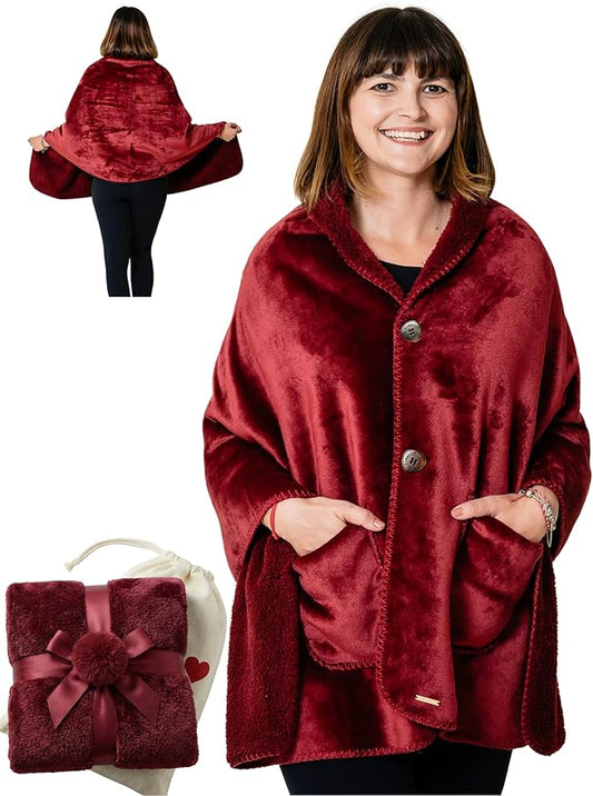 EzrAllora Premium Double Layer Wearable Blanket for Women - Easy On Easy Off No Sleeves - Drape and Go - Gifts for Elderly (Burgundy)