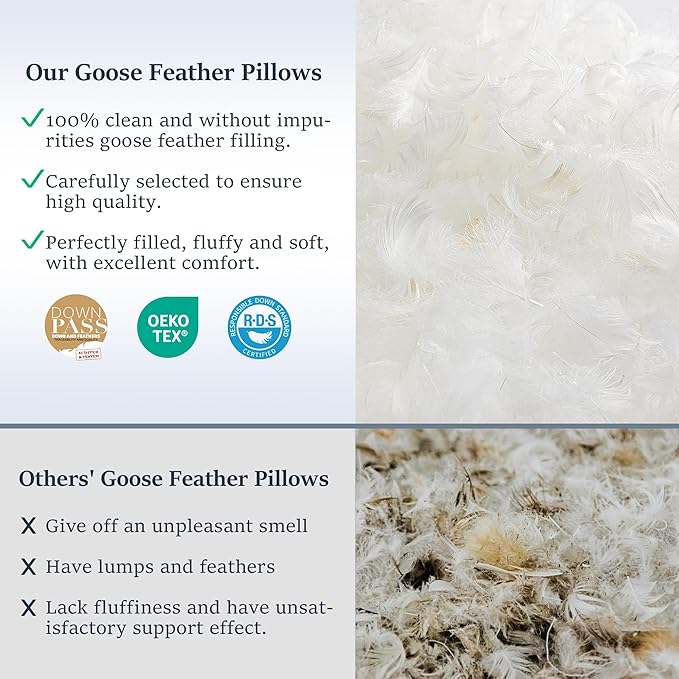 COZSINOOR Goose Feather Pillows Queen Size Set of 2 - Hotel Down Bed Pillow for Sleeping, Soft 600 TC Cotton Cover, Fluffy Support Surround Fill Down Alternative for Back, Stomach, Side Sleepers