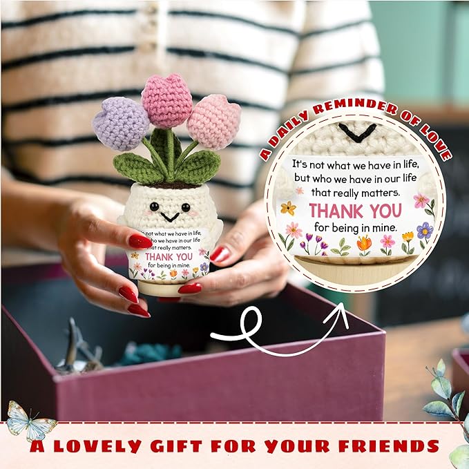 Best Friend Friendship Gifts for Women - Funny Mothers Day Birthday Gifts for Friends, Bestie, BFF, Bestfriend, Female, Girls - 5.51'' x 4.13'' Knitted Positive Tulip Flowers Friend Crochet
