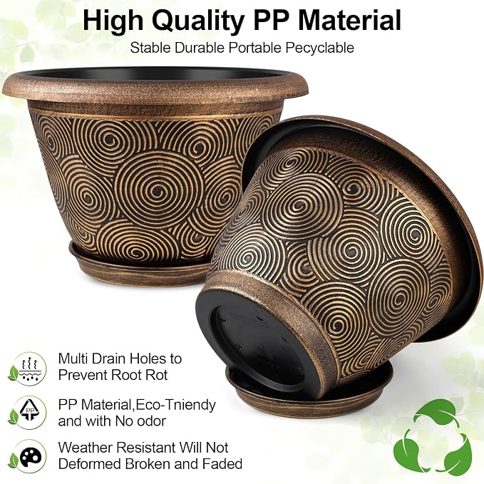 Fodetyff 12 Inch Large Planter Pot for Plants Indoor Outdoor, 4 Pack Plastic Flower Pots with Drainage Hole & Tray, Modern Decorative Garden Pot with Saucer, Plant Container for House