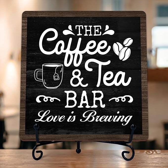 Coffee Bar Sign, Love is Brewing Farmhouse Tabletop Decor, Coffee and Tea Lover Gifts, 5x5 Wood Plaque with Iron Stand for Home Kitchen Cafe, Coffee Bar Decor – L05
