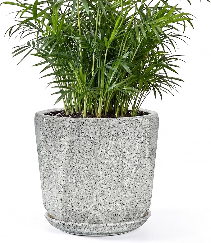 7.8 Inch Ceramic Plant Pot with Drainage Hole Mesh Net, Large Flower Pots for Indoor Plants with Saucer, Gardening Pots Outdoor(Gray-dot)