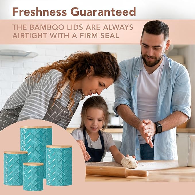 Pebble & Stem® Coastal Teal Metal Canister Set for the Kitchen with Measuring Spoon, Food Canister Set of 4, Airtight Lids, Sugar, Flour Containers, Coffee, Tea Storage, Farmhouse Decor
