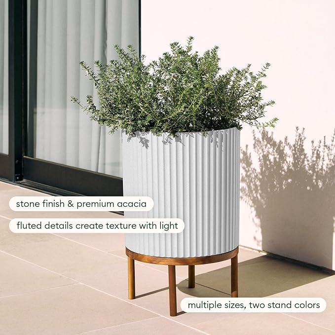 Veradek Demi Series Round Planter w/ Stand for Porch/Patio | Durable Plastic-Concrete & Wooden Stand | Modern Décor for Tall Plants, Flowers