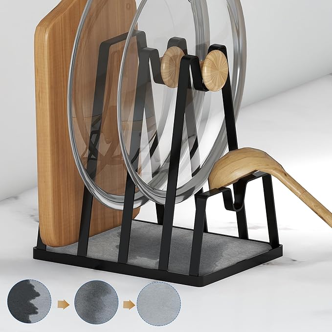 YIGII Cutting Board Holder& Pan Lid Organizer - Spoon Rest& Cutting Board Stand, Baking Sheet Organizer, Built in Quick Dry Stone tray