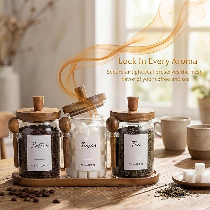 3-Pack 20oz Glass Coffee Container Set - Clear Airtight Canister with Wooden Lid Spoon Tray Labels, Food Storage Jar for Coffee Bean, Tea, Sugar, Housewarming Gift