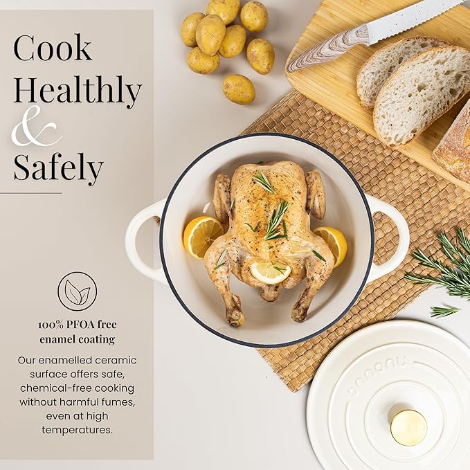 Cast Iron Dutch Oven with Lid-Non-Stick Ovenproof Enamelled Casserole Pot - Sturdy Dutch Oven Cookware-Cream, 7.3- Quart, 30cm- by Nuovva