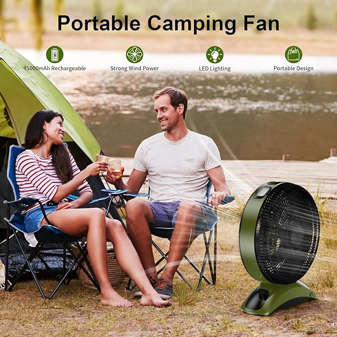 45000mAh Battery Operated Fan with Light, High Velocity Rechargeable Camping Fan, 12-Inch Portable Battery Powered Fan for Tent RV Hurricane, Quiet Use While Charging with Remote Timer, Green