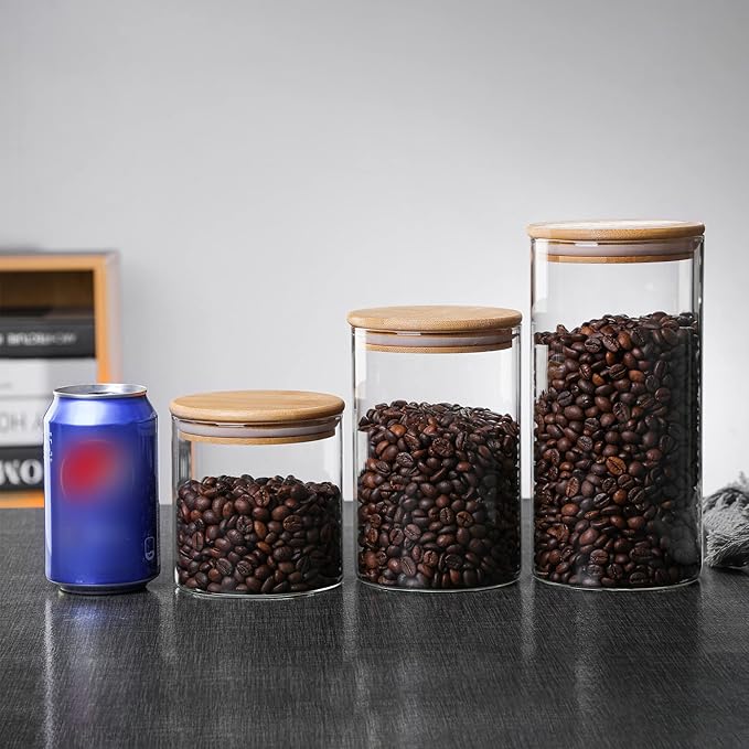 MOLFUJ 550 ML / 18 FL Oz Glass Storage Container with Wood Lid, Stackable Clear Decorative Organizer Bottle Canister Pantry Jar with Air Tight Wooden Lid for Food, Coffee, Candy, Sugar, Salt, Tea