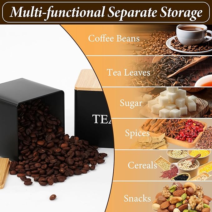 3 Pack 16oz Coffee Tea Sugar Container Set, Kitchen Canisters Set with Bamboo Lids, Stackable Food Storage Container Jars for Coffee Beans, Tea, Sugar, Flavourings, Cereals, Snacks (Black)