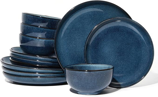 Pokini Stoneware Dinnerware Sets Service for 4, 12 pcs Reactive Glaze Plates and Bowls Sets, Handmade Ceramic Dish Set, Highly Chip and Crack Resistant Modern Plate Set, Starry Blue