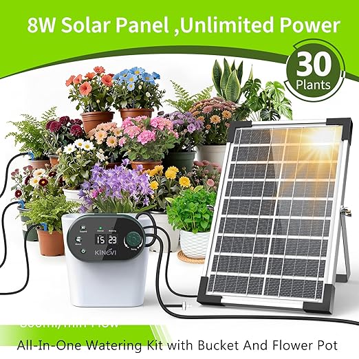 Solar Drip Irrigation System, Auto Plant Waterer for 30 Pots | 8W Solar Powered DIY Watering Device with 22 Timer Modes, HD LED Display, Anti-Siphon, Outdoor Garden Greenhouse
