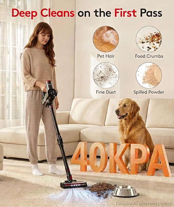 RONEAIR Cordless Vacuum Cleaner, 40Kpa Vacuum Cleaners for Home, 45Mins Stick Vacuum with Bendable Wand, Anti-Tangle & 1L Dust Cup, Lightweight Vacuum for Hardwood Floor Carpet Pet Hair