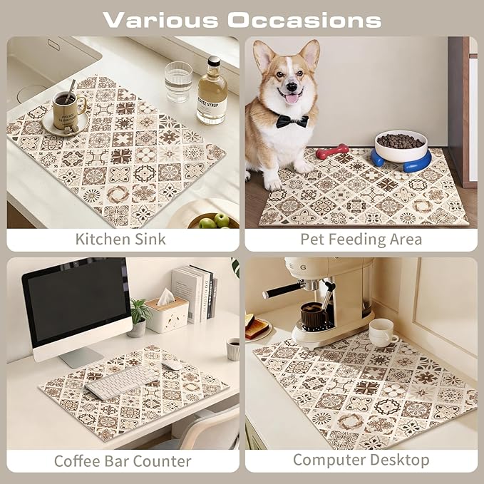 Absorbent Holiday Plate Drainer Pad Boho Coffee Bar Mats for Counter Top Non-slip Gift for Kitchen Decor (Elegant Mosaic A)