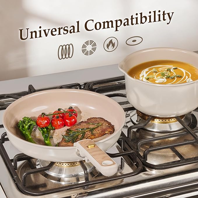 CAROTE 19 Pcs Ceramic Cookware Sets, Pots and Pans Set Non Stick,Detachable Handle, Induction & Oven Safe, Stackable Space-Saving, Cookware Non Stick Cooking Set (PFOS, PFOA Free)