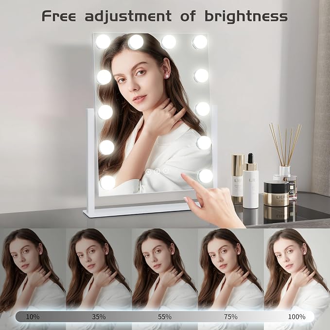 Kotdning Vanity Mirror with Lights,Lighted Vanity Mirror with 12 Dimmable Bulbs for Dressing Room & Bedroom,3 Color Lighting,Modes Detachable 10x Magnification 360°Ratation (White) 14.6" L x 17" W