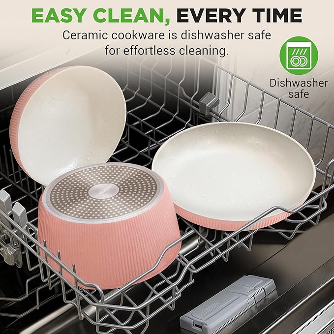 NutriChef 18-Piece Ceramic Cookware Set with Detachable Handles, Space-Saving Nonstick Pots, Pans & Lids, Oven-Safe Bowls, Stackable Storage, Includes Cooking Utensils & Accessories (Pink)