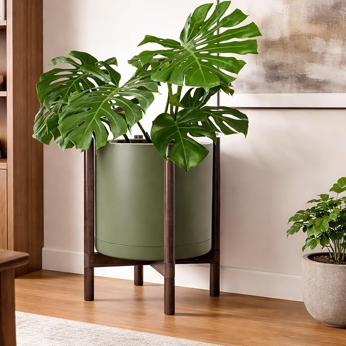D'vine Dev Plastic Pot with Walnut Wood Stand, Olive, 16 in, 55-C-X-3 | Mid-Century Inspired Design, Elevated Plant Display, Clean Lines, Sturdy Support, Modern Space-Saving Style