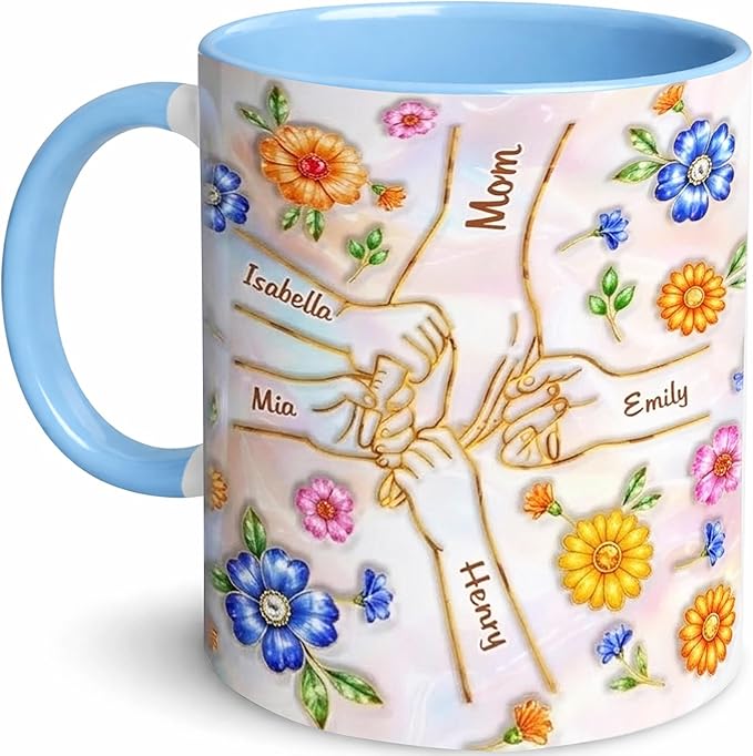 LOVELYPOD Personalized Mom Coffee Mug With Kids Names, You Hold Our Hands Also Our Hearts Mug, Coffee Cup for Mom, Mothers Day Mugs, Custom Mama Gifts, Customized Mothers Day Gifts 02