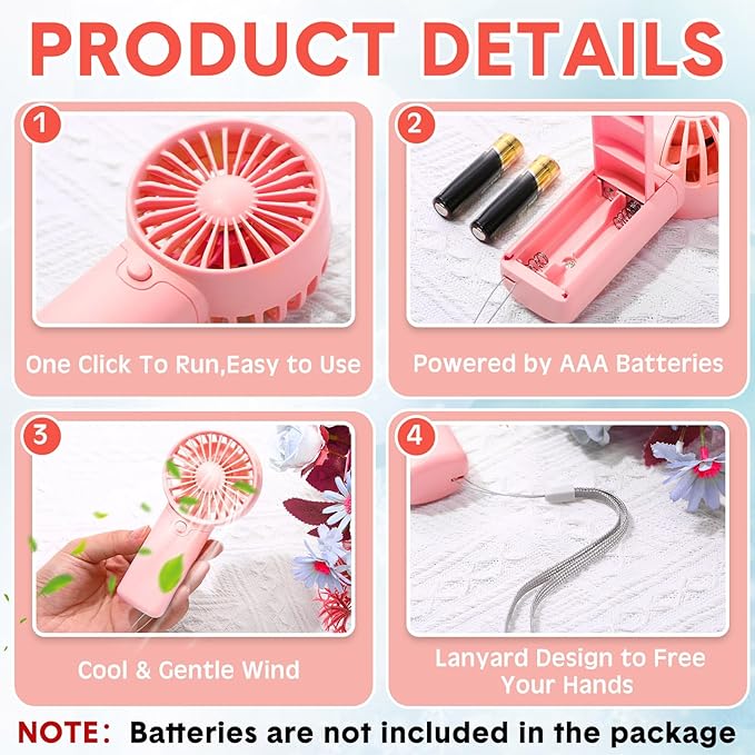 Rossesay 30 Pcs Mini Portable Fan Handheld Battery Operated Portable Small Personal Fans for Summer Travel Beach Indoor Outdoor Cooling Gift (Pink)