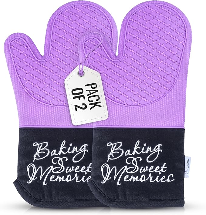 Mitts - Long Slip Resistant Pot Holders - Silicone Oven Mitts - Baking Gloves for Oven - Perfect for Baking, BBQ, Cooking, and Grilling, Oven Mitts Set of 2, 7''x13'' (Purple)